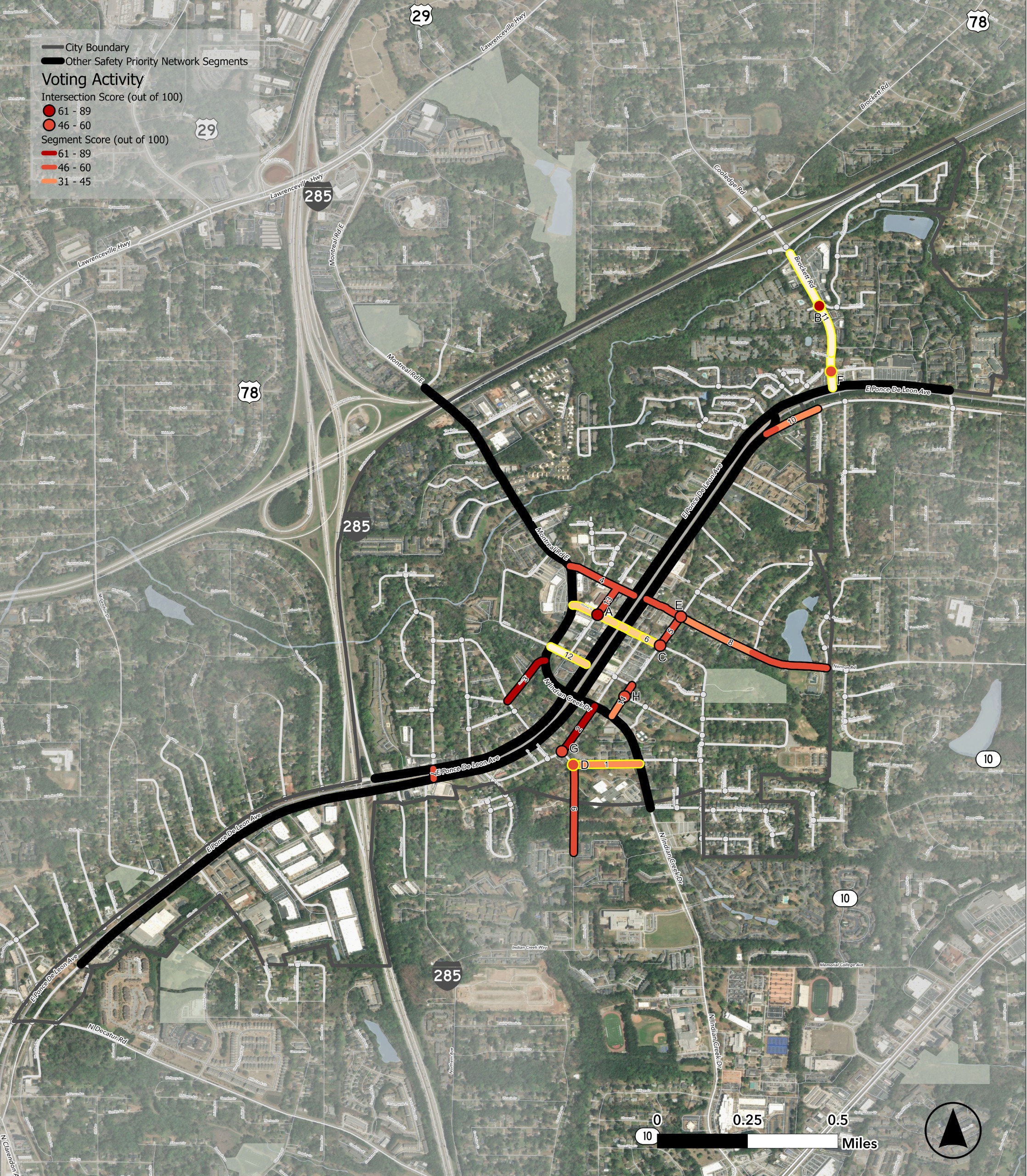 Map of Clarkston, Georgia showing safety priority network segments and community voting results. Major roads, including Interstate 285, U.S. Route 78, and local streets, are overlaid with highlighted corridors in black, yellow, orange, and red to indicate
