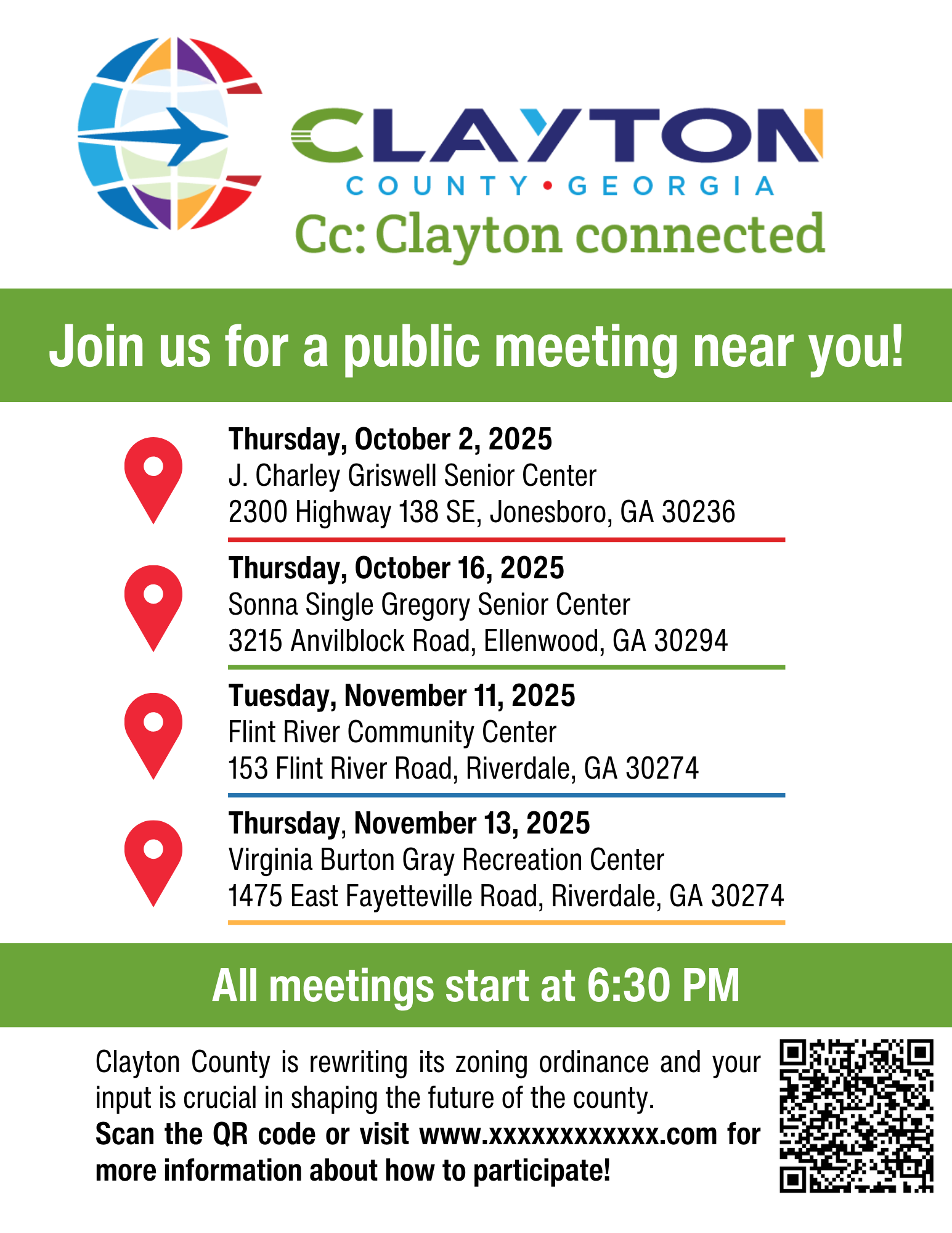 Flyer for Phase 1 of Clayton County Zoning rewrite meetings