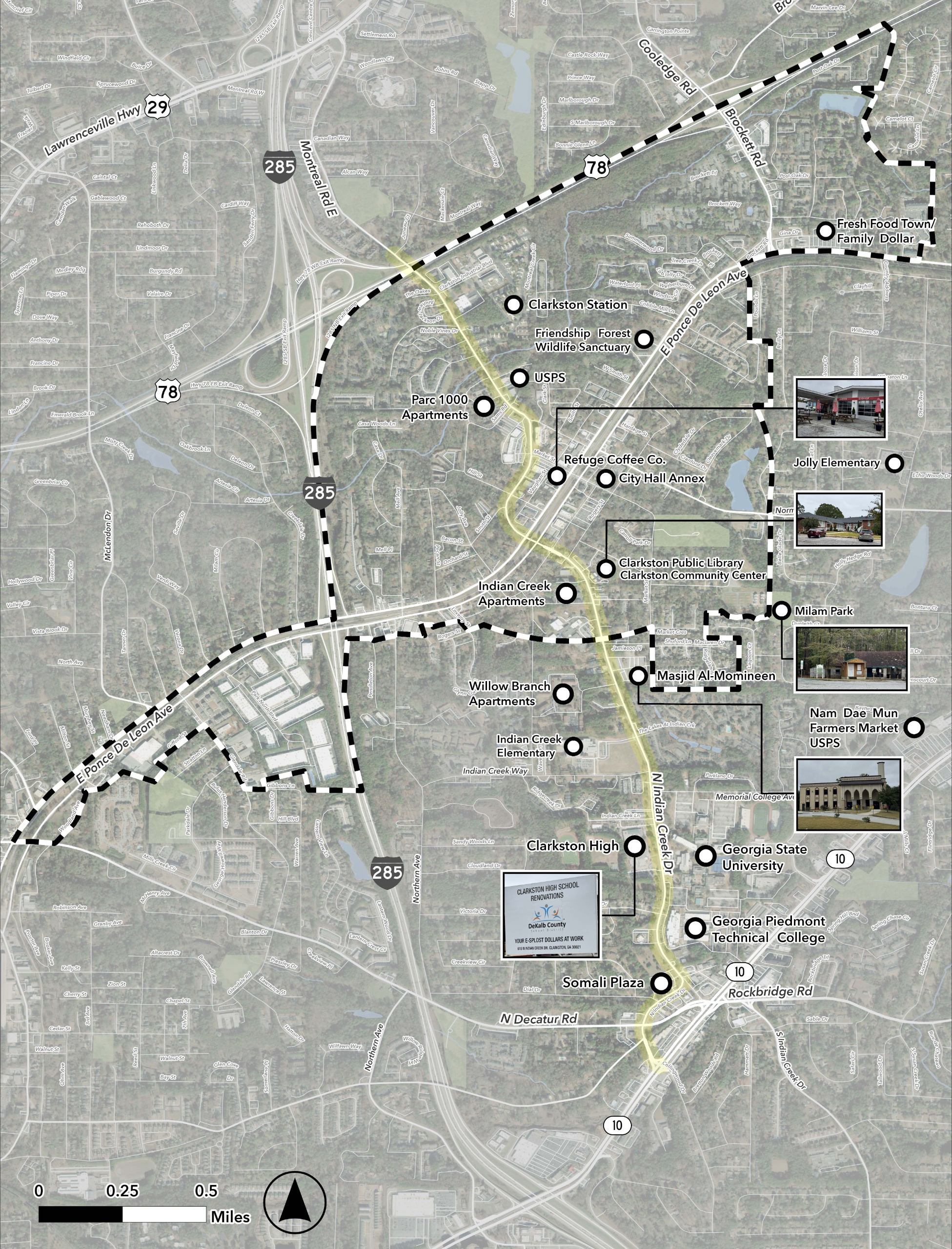 Map of the Clarkston, Georgia area highlighting key destinations and community assets along the North Indian Creek Drive corridor. A dashed boundary outlines the study area, with major roads labeled, including Interstate 285, U.S. Route 78, Lawrenceville 