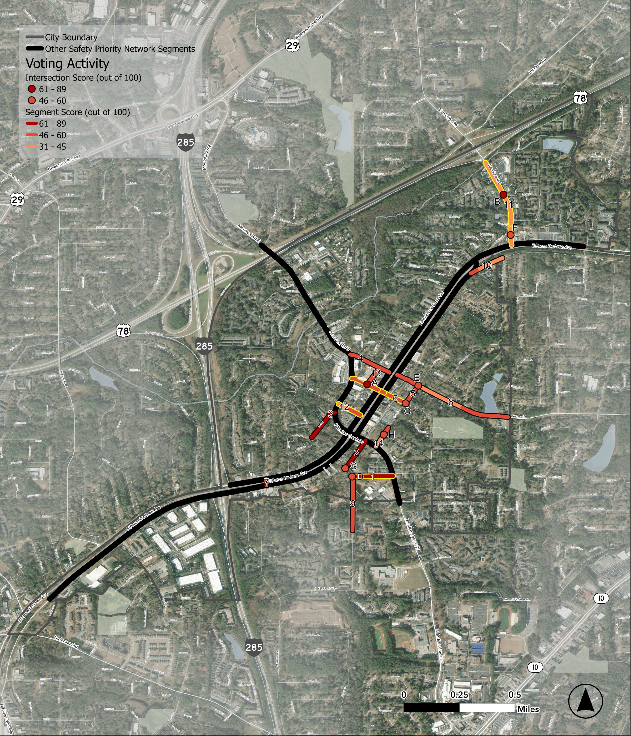 Map of Clarkston, Georgia showing safety priority network segments and community voting results. Major roads, including Interstate 285, U.S. Route 78, and local streets, are overlaid with highlighted corridors in black, yellow, orange, and red to indicate